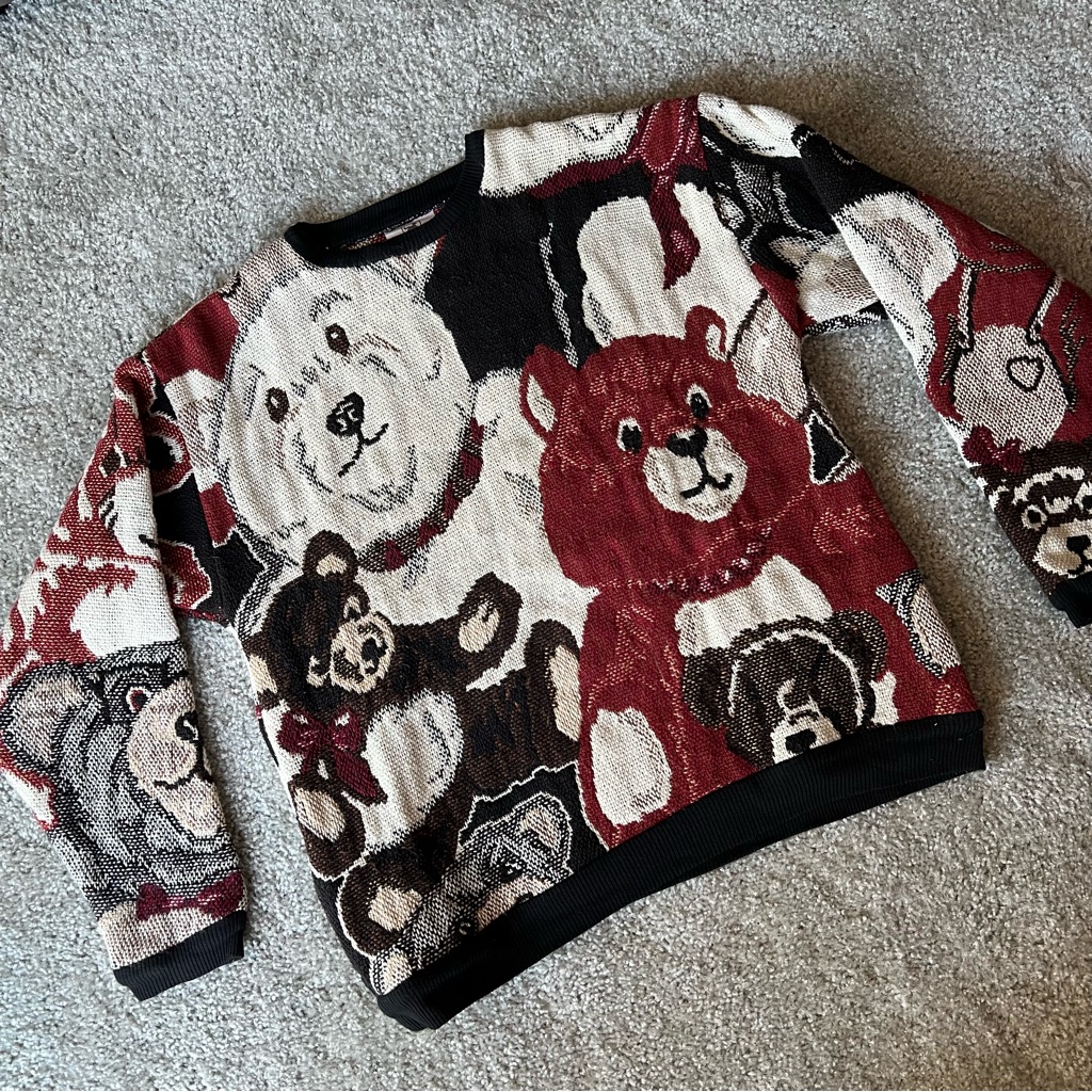 Rare Usa Vintage Maxson Tapestri Teddy Bear Woven Tapestry Sweater
